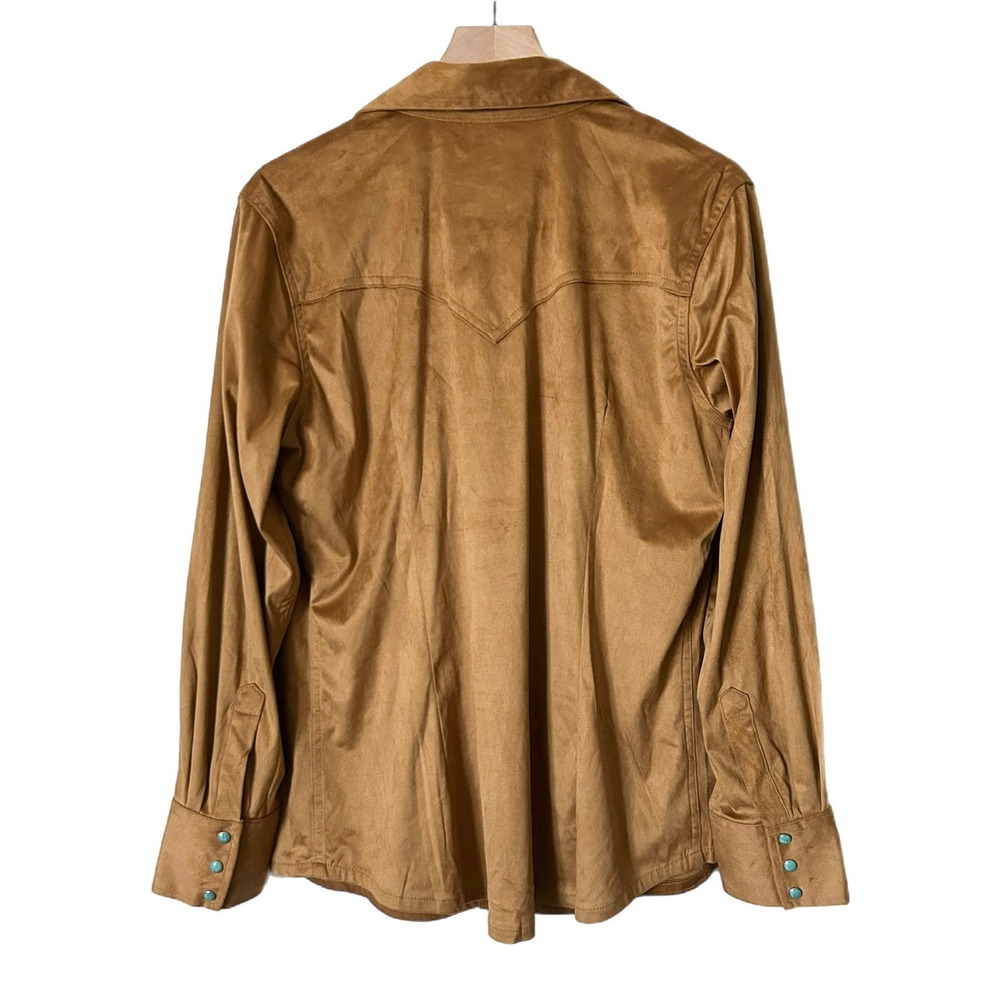 Wrangler x Lainey Wilson Faux Suede Brown Fringe Western Snap Shirt Size XL - Picture 3 of 6